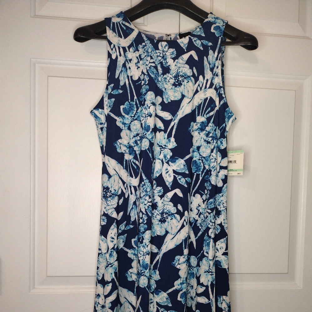 NWT Anne Klein Ocean Blue and White Floral Sleeveless Sun Dress Size 8